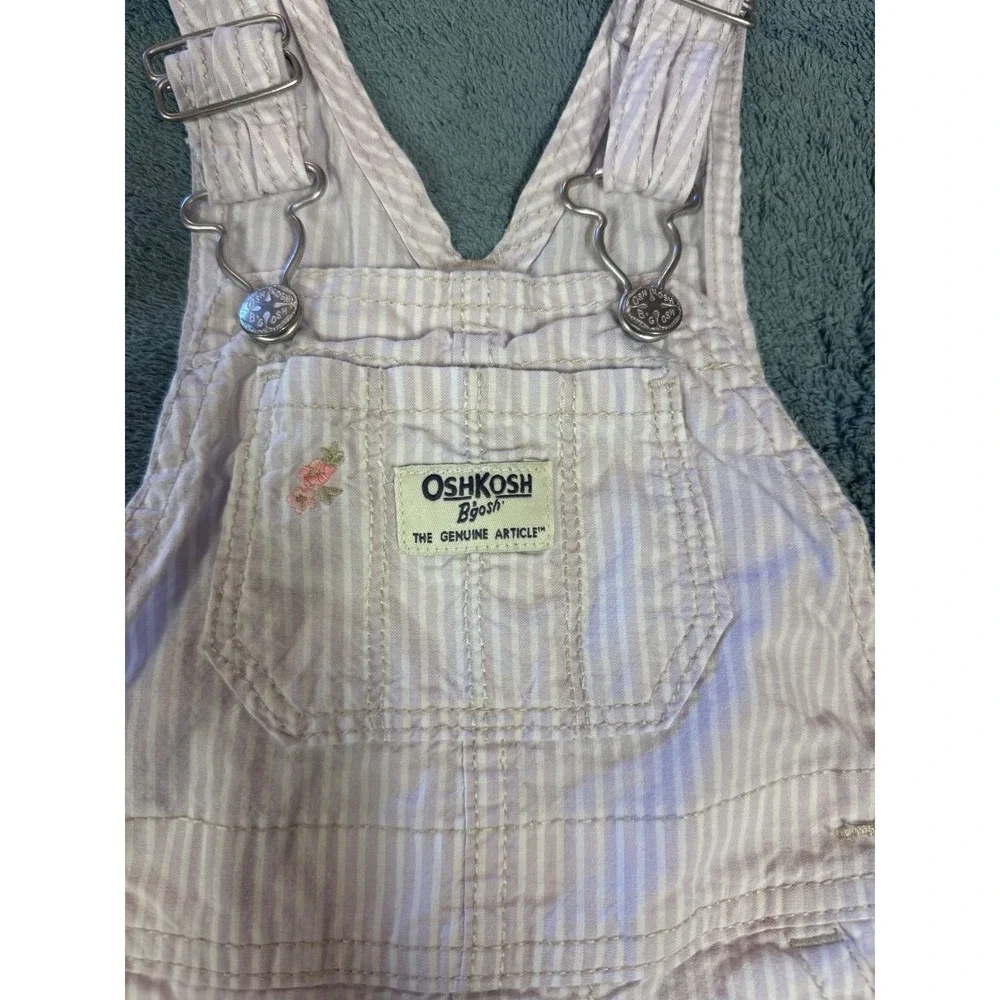 OshKosh Bgosh Girls Purple Hickory Stripe Floral Embroidered Shortalls‎ 18M